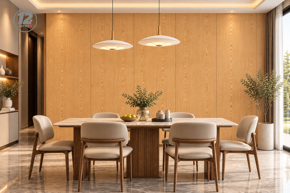 Phòng-ăn-hiện-đại-ấm-áp-với-tường-gỗ-veneer